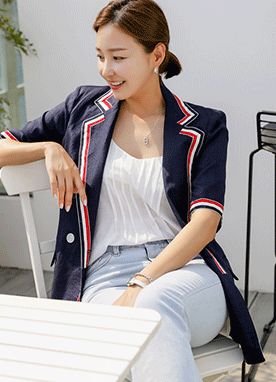 マリンカラーライン5分袖テーラードジャケット | 韓国ファッション