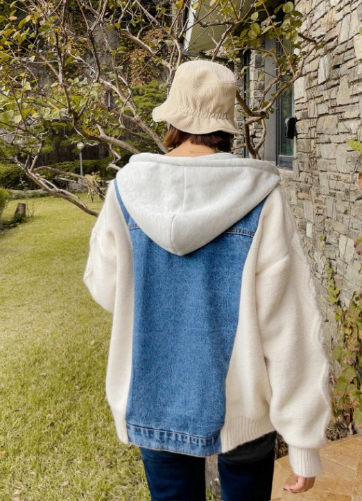 JK11612] ニット切替デニムフードジャケット | 韓国ファッション