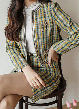 ミントチェックツイードノーカラージャケット | 韓国ファッション