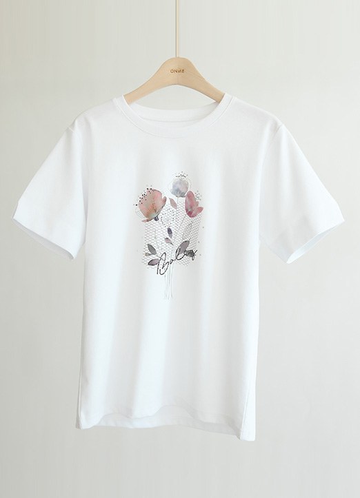 [Louis Angel] ラインストーン付きフラワープリントTシャツ ts26091