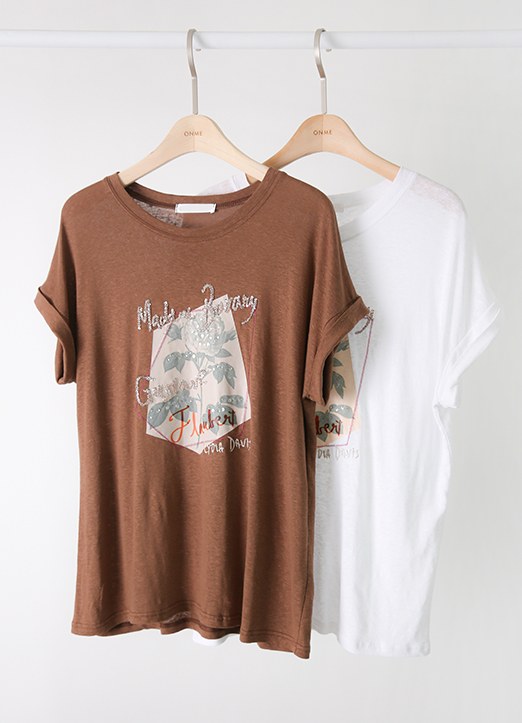 [THE ONME] ローズスパンコールレタリングロールアップTシャツ ts26807