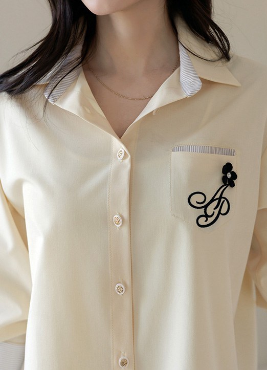 [LouisAngel] ロゴ刺繍ポケット ストライプ配色シャツブラウス bl32572