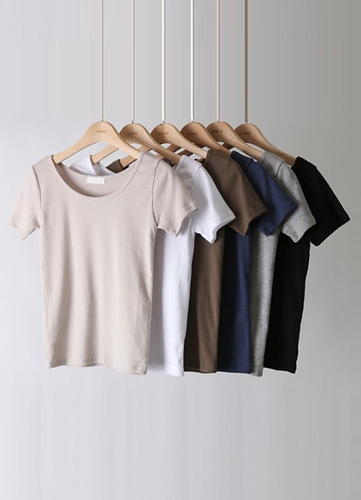 【1+1特価】[6色展開]ベーシックUネック半袖リブTシャツ SET33968