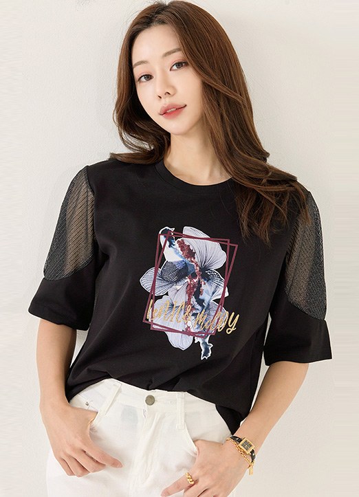 [LouisAngel] チュールレース切り替え フラワープリント Tシャツ ts17224