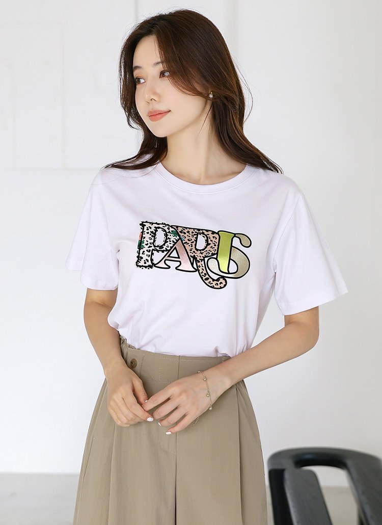 [LouisAngel] PARISレオパード＆箔レタリングプリントTシャツ ts35451