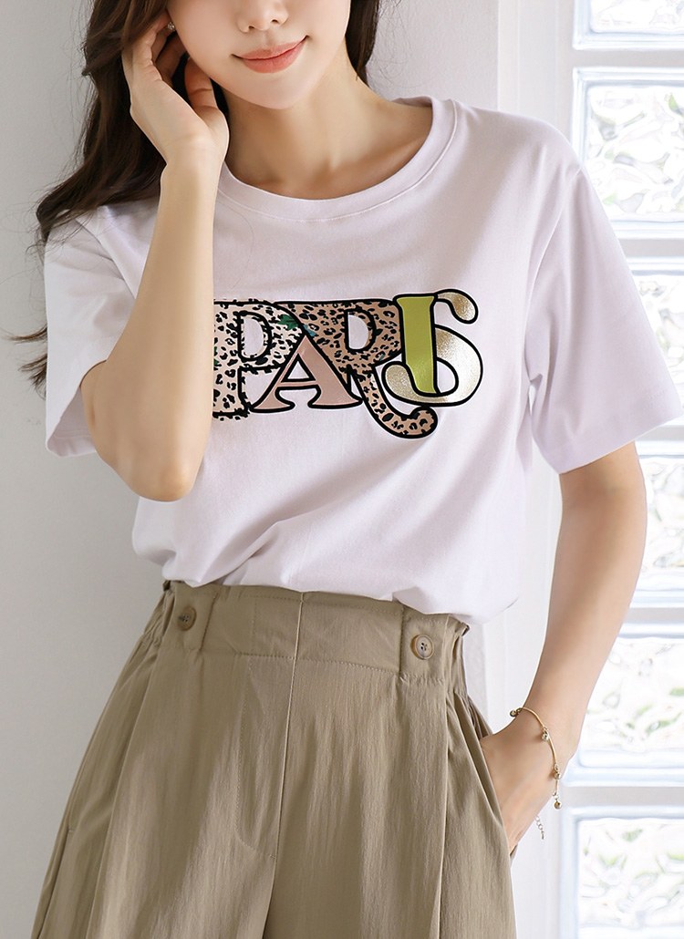 [LouisAngel] PARISレオパード＆箔レタリングプリントTシャツ ts35451