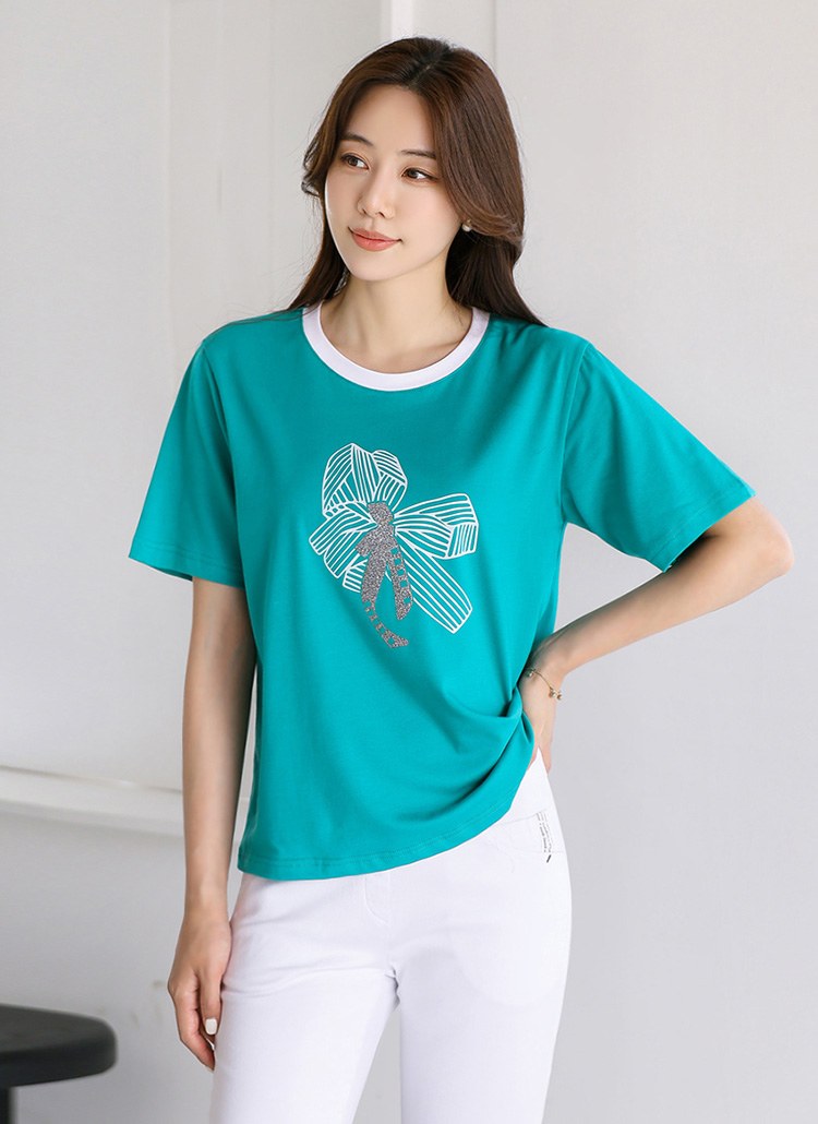 [LouisAngel] ラメリボンプリントバイカラーTシャツ ts35490