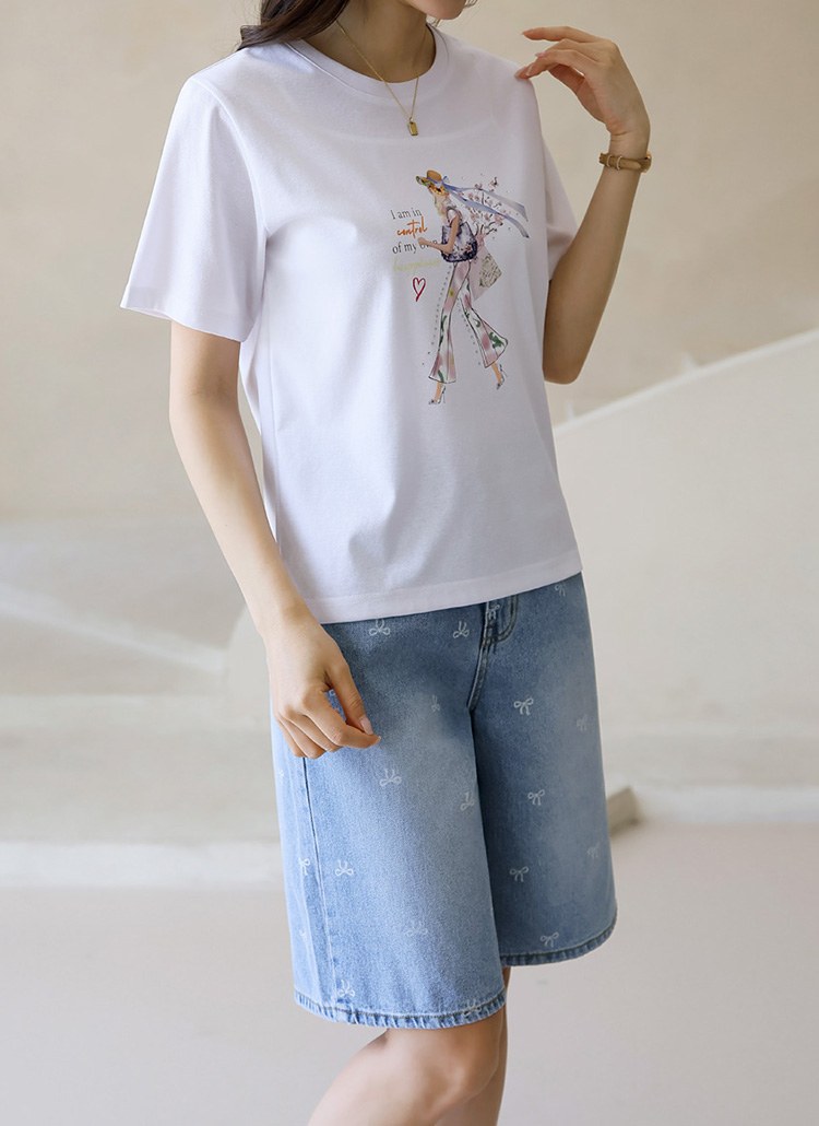 [LouisAngel] ラインストーン付きガールプリント半袖Tシャツ ts35192