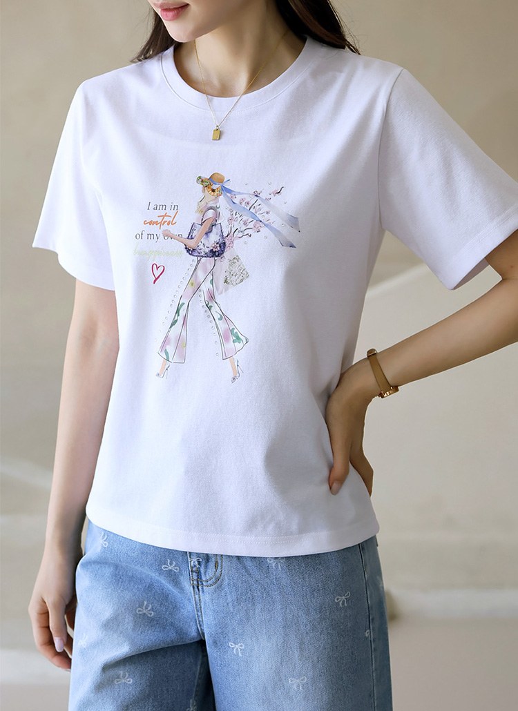 [LouisAngel] ラインストーン付きガールプリント半袖Tシャツ ts35192