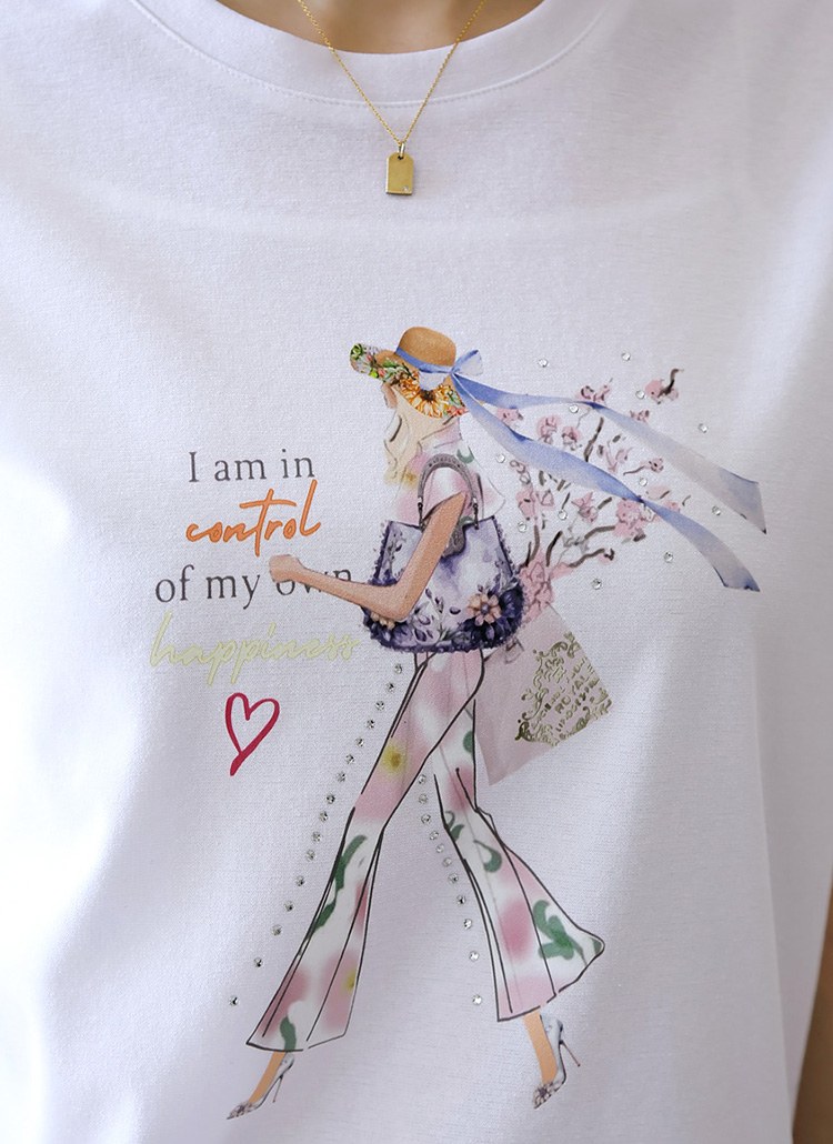 [LouisAngel] ラインストーン付きガールプリント半袖Tシャツ ts35192