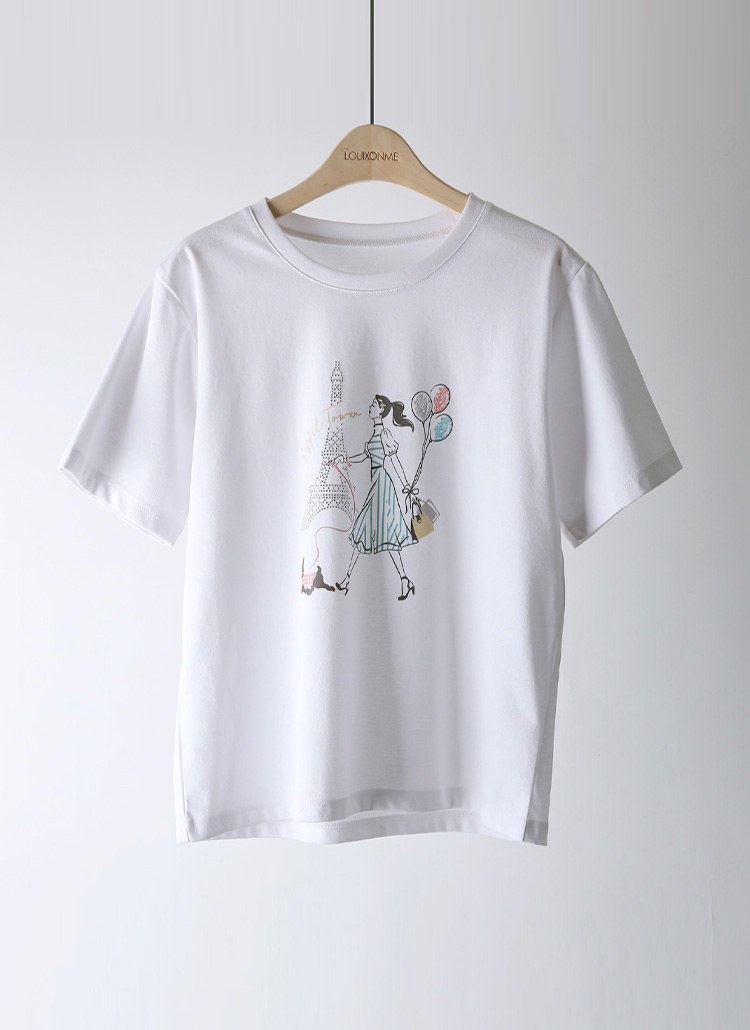 [LouisAngel] ホットフィックス付きエッフェル塔ガールプリントTシャツ ts35685