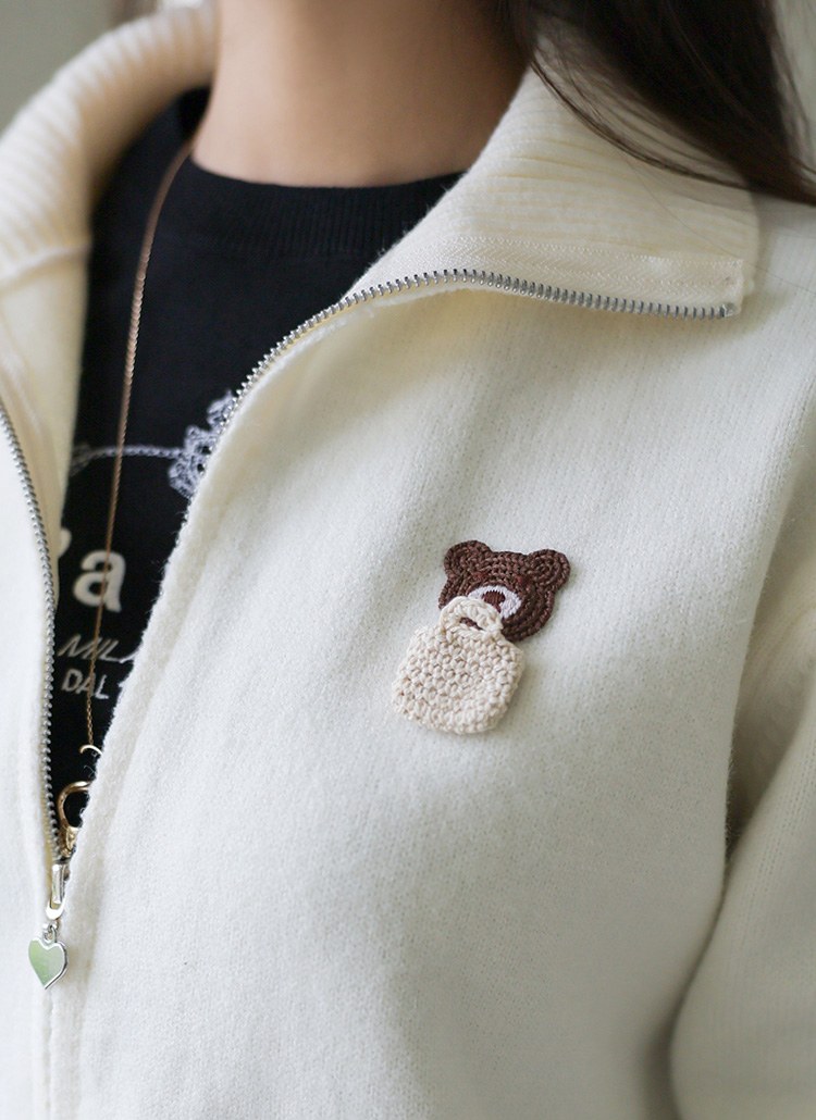 [THE ONME] ベア刺繡ポイントバイカラージップアップニットカーディガン cd36671