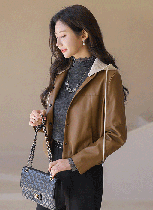 【5色展開】ニットフード付き 2Wayフェイクレザージャケット jk42187