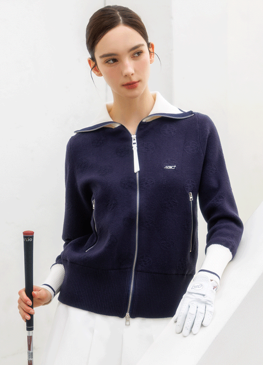 【防風ニット】[QoG] オープンカラージャガードニットジップアップカーディガン cd42919