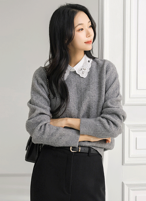 ビジューレース襟付きラメニットプルオーバー nt43789