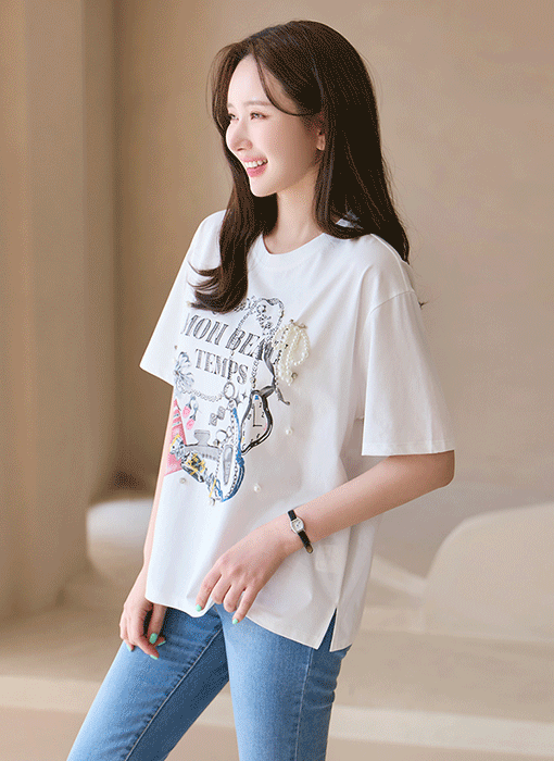 パールビジュー付きプリントTシャツ ts39525