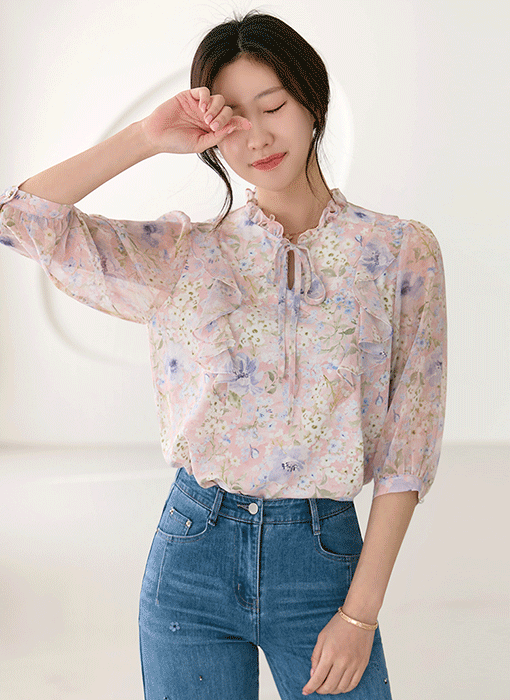 [LouisAngel] 7分袖 フラワーフリルシアーブラウス bl39594