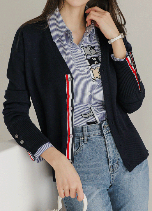 テープ配色サイドスリットVネックニットカーディガン cd13342