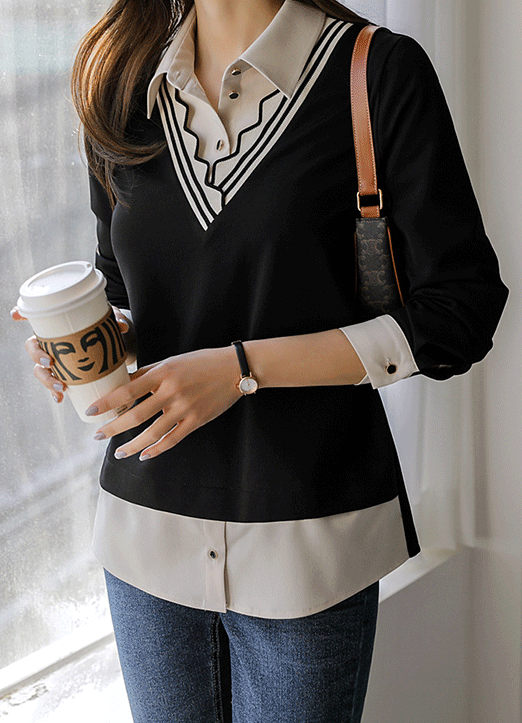 [LouisAngel] シャツブラウスコンビ Vネックニットトップス bl13642