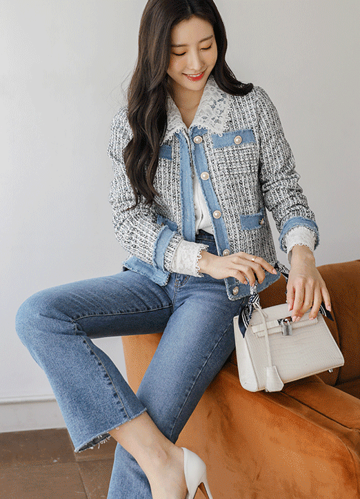 パールボタンライトデニム切替ツイードジャケット jk13750