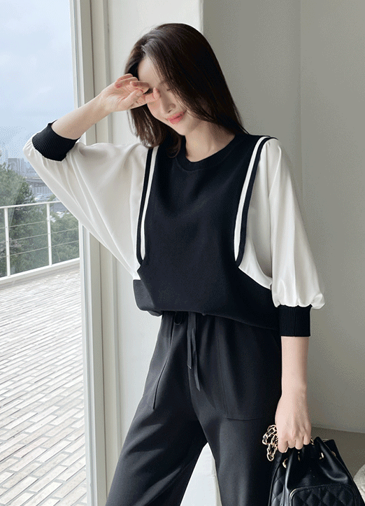 ドルマンスリーブ 切り替えニットトップス bl14338