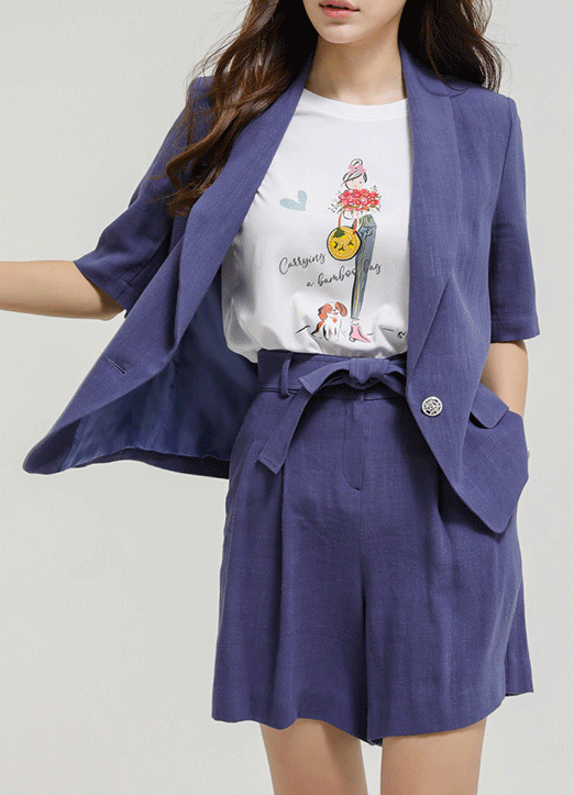 [LouisAngel] リネンブレンド 5分袖 ショールカラー ジャケット jk15790