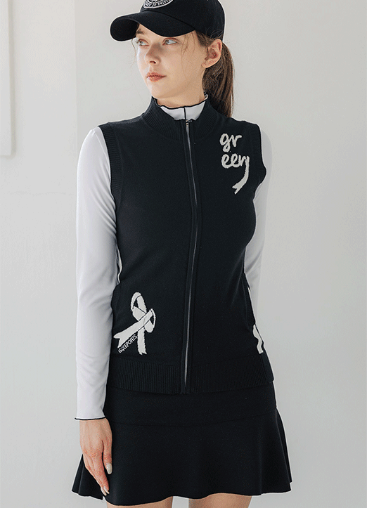 【QoG】[ゴルフウェア] リボンプリントハイネックニットベスト vt18330