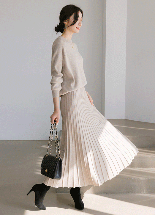 [4色展開]【セットアップ】クルーネックニット＆プリーツニットスカートセット SET19534