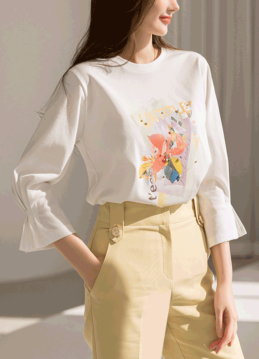 [Louis Angel] タックスリーブパールビジューフラワープリントＴシャツ ts23483