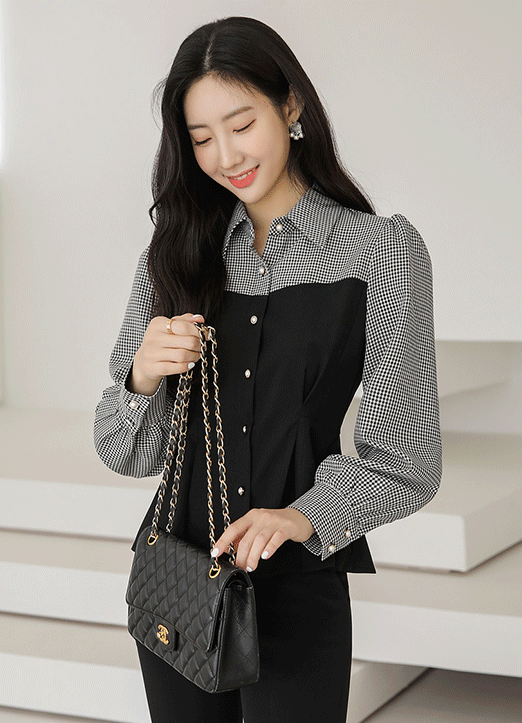 [Louis Angel] 配色チェックウエストタックペプラムブラウス bl23563