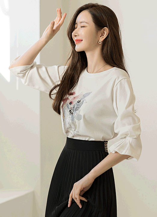 [Louis Angel] パールビジュー付き 水彩プリント 7分袖Tシャツ ts23615