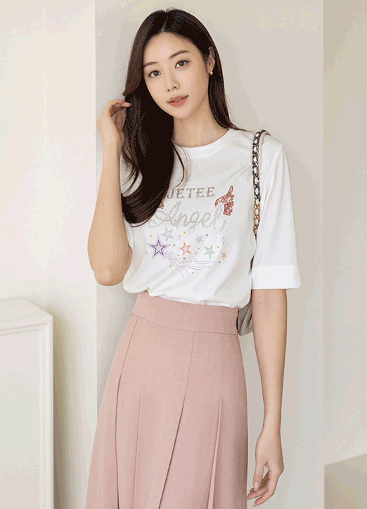 [Louis Angel] ラインストーンロゴプリントTシャツ ts24383