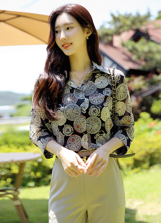 [Louis Angel] 時計プリント7分袖シアーブラウス bl27527