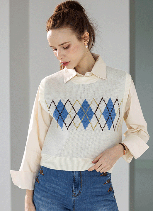 【2点セット】[THE ONME]アーガイル柄ニットベスト＆ベーシックシャツブラウスセット SET32358