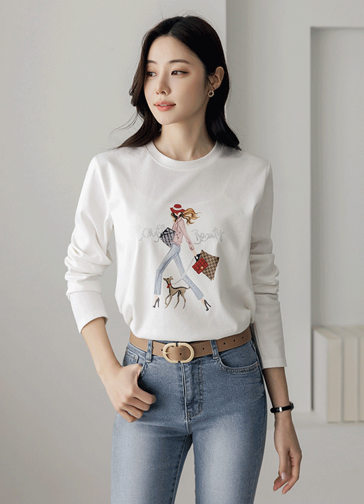 [LouisAngel] ラインストーン付き ガールプリントtシャツ ts32522