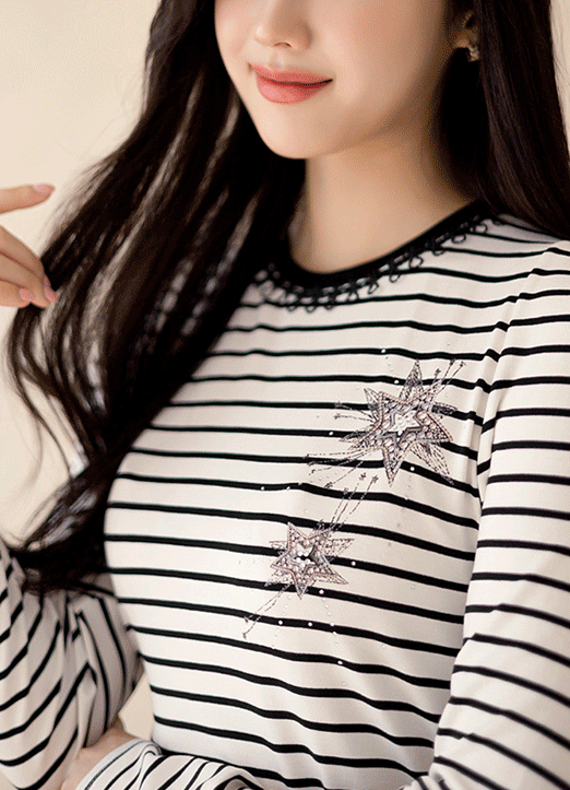 [LouisAngel] ラインストーン付き星プリントボーダーTシャツ ts32809