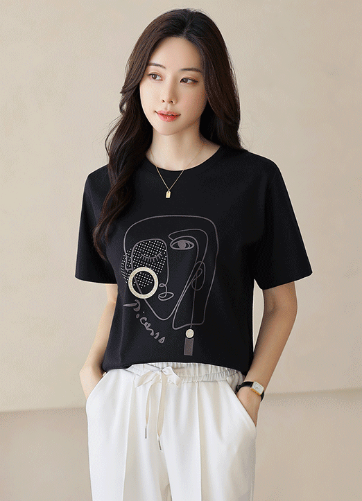 [LouisAngel] ラインストーン付きドローイングプリントTシャツ ts33611