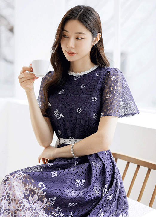 [LouisAngel] ウエストベルト ツートンフラワーレースワンピース op34214