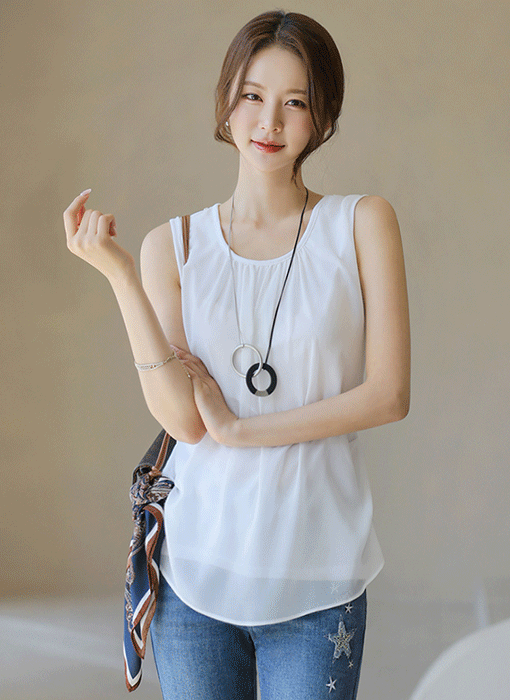 [LouisAngel] シャーリングシフォンノースリーブトップス bl40041