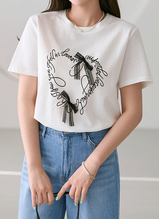 パールレースリボン付きレタリングTシャツ ts40086