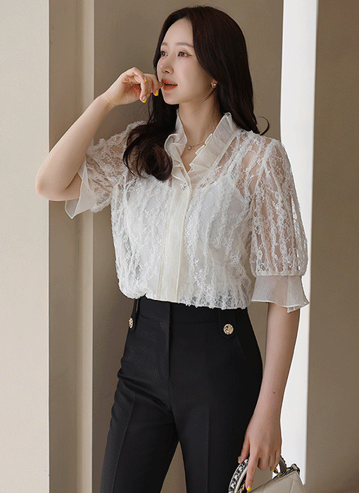 [LouisAngel] ラッフルネックシースルーフラワーフリルレースブラウス bl40401