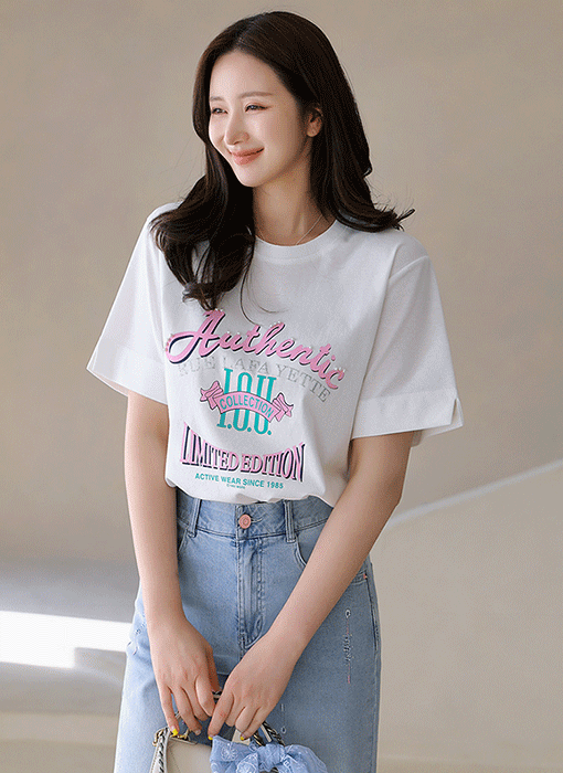 [LouisAngel] パール付きレタリングプリントTシャツ ts40485