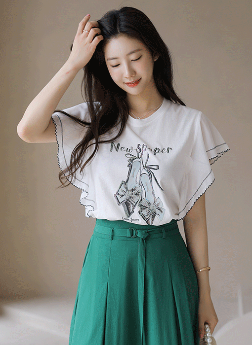 リボンパンプスプリントラッフルシアースリーブTシャツ ts40548
