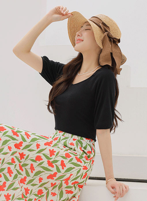 ハートネック５分袖リブTシャツ ts41223