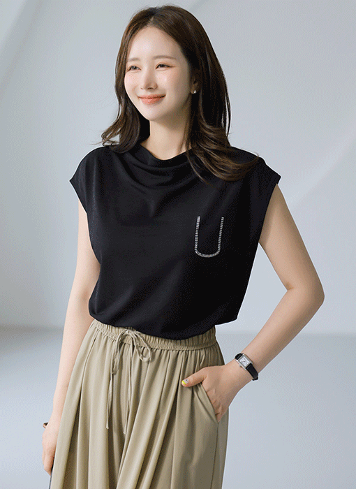 【6色展開】ラインストーン付きボートネックドレープTシャツ ts41277