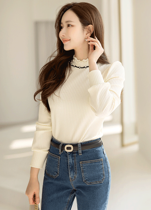 [Louis Angel] パールビジュー付きダブルフリルネックリブTシャツ ts23827