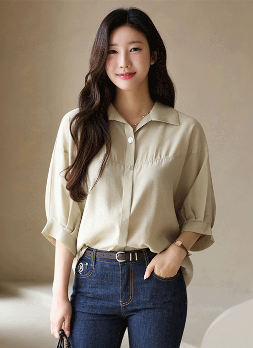 バックレースリボン付き7分袖オープンカラーシャツブラウス bl41641