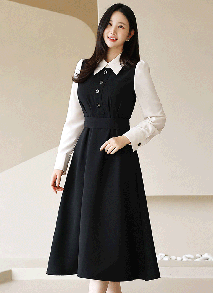 ２WAYウエストリボン付きブラウスドッキングバイカラーフラワーワンピース op36761