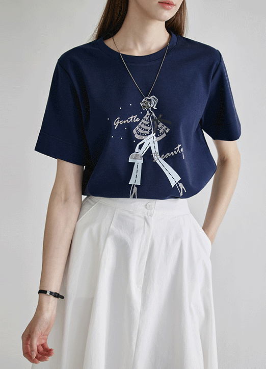 [LouisAngel] ラメ入りガールイラストプリントTシャツ ts25495