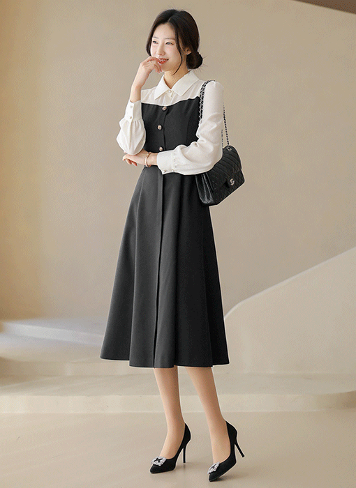 [LouisAngel] リボンタイ付き 配色ブラウスドッキング フレアワンピース op38817